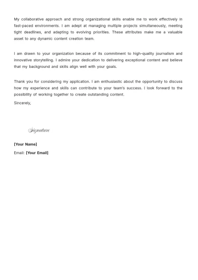 Free Entertainment Writer Cover Letter to Edit Online
