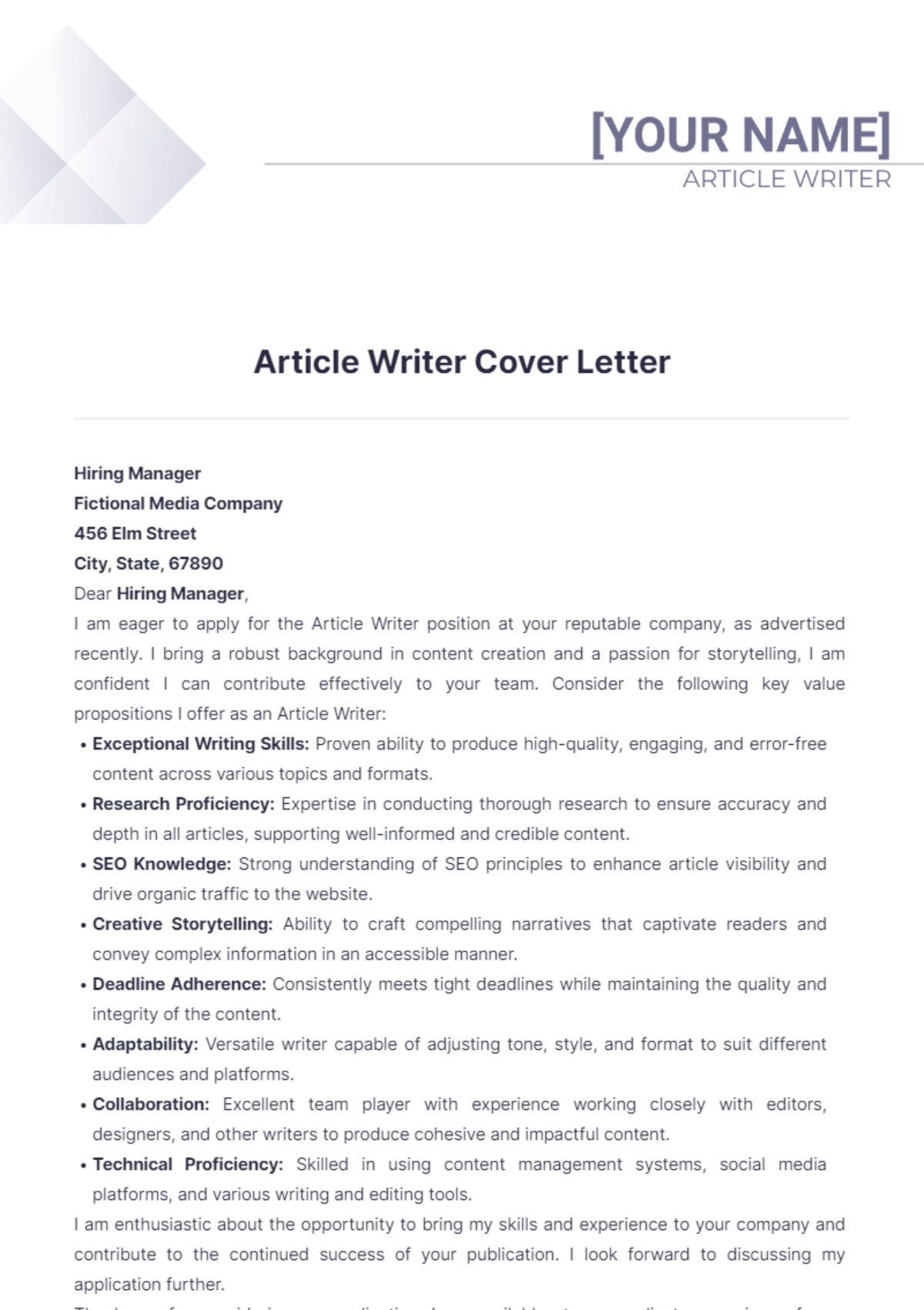 Article Writer Cover Letter - Edit Online & Download