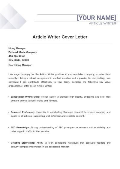 Free Article Writer Cover Letter to Edit Online