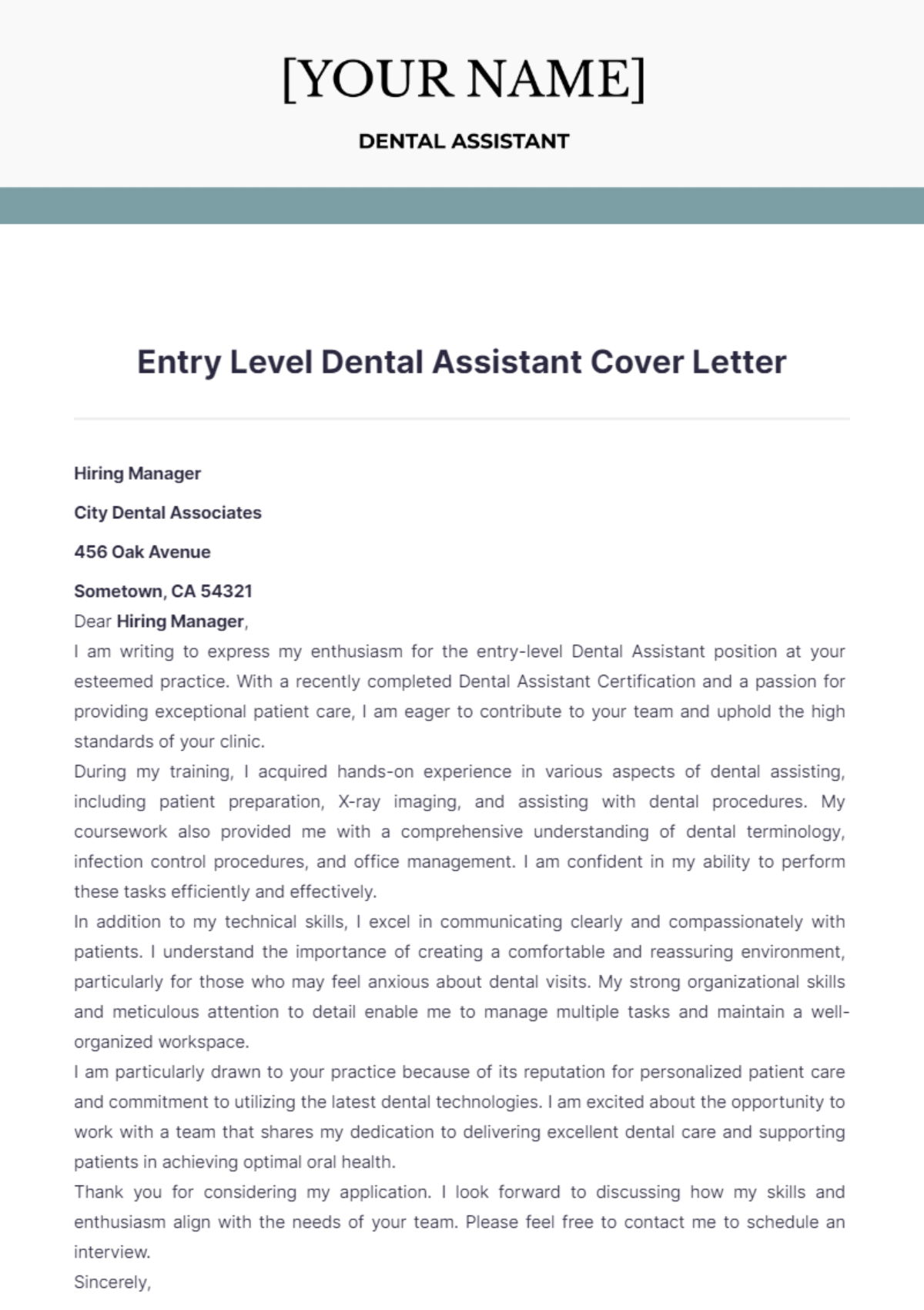 Entry Level Dental Assistant Cover Letter - Edit Online & Download