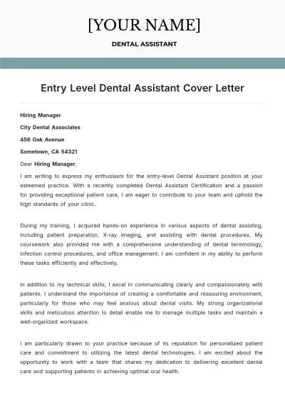 Free Entry Level Dental Assistant Cover Letter to Edit Online