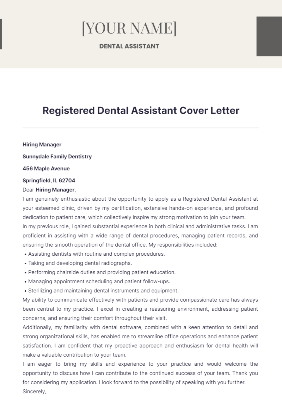 Registered Dental Assistant Cover Letter - Edit Online & Download