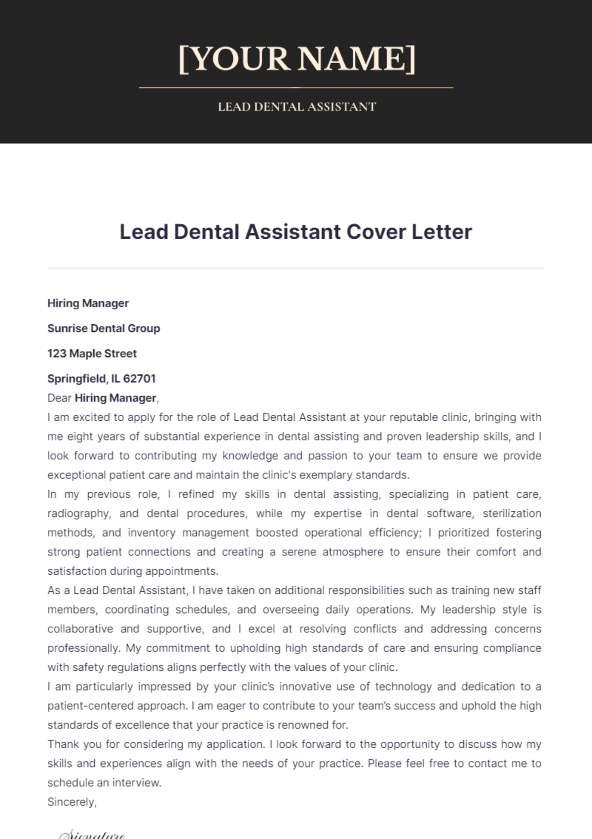 Lead Dental Assistant Cover Letter - Edit Online & Download