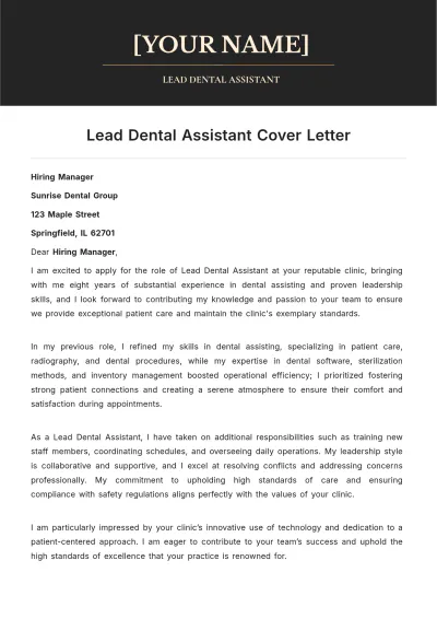 Free Lead Dental Assistant Cover Letter to Edit Online