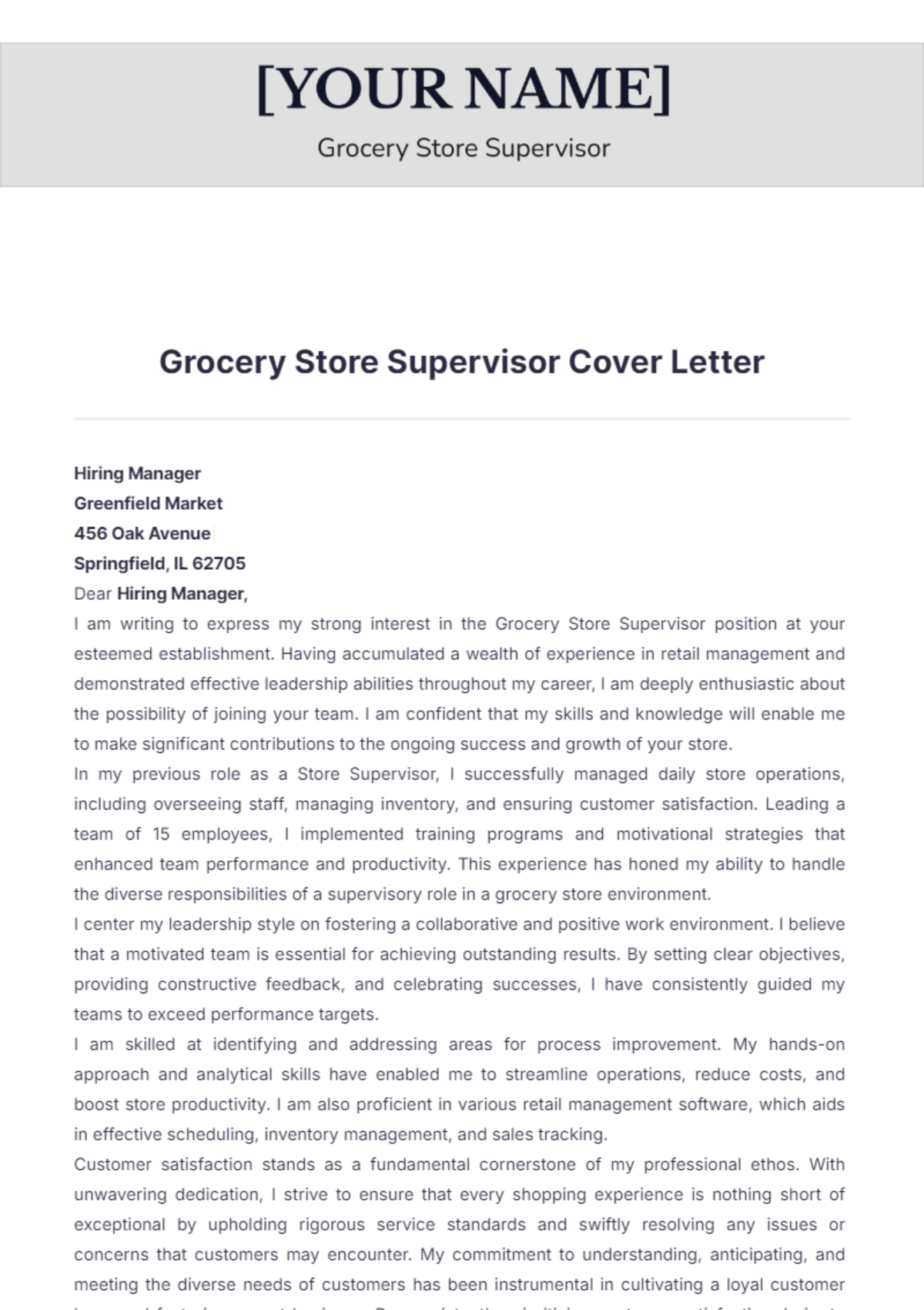 Grocery Store Supervisor Cover Letter - Edit Online & Download