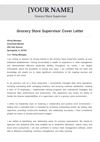 Free Grocery Store Supervisor Cover Letter to Edit Online