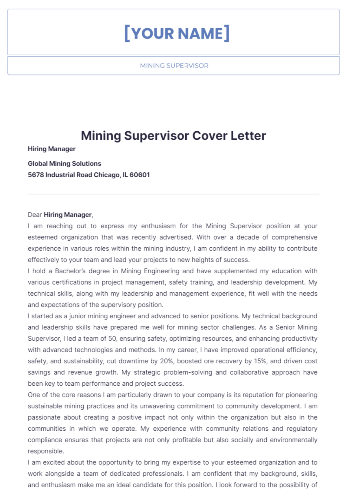 Mining Supervisor Cover Letter - Edit Online & Download