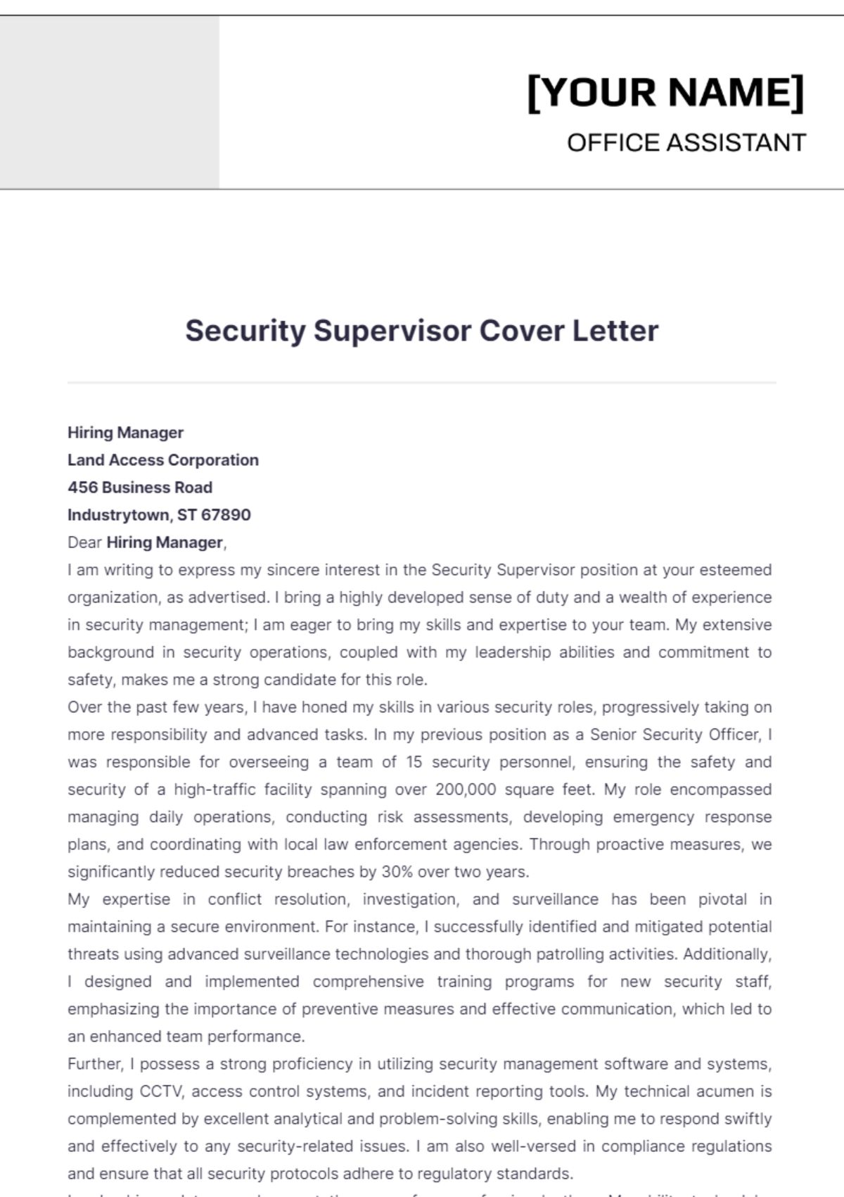 Security Supervisor Cover Letter - Edit Online & Download