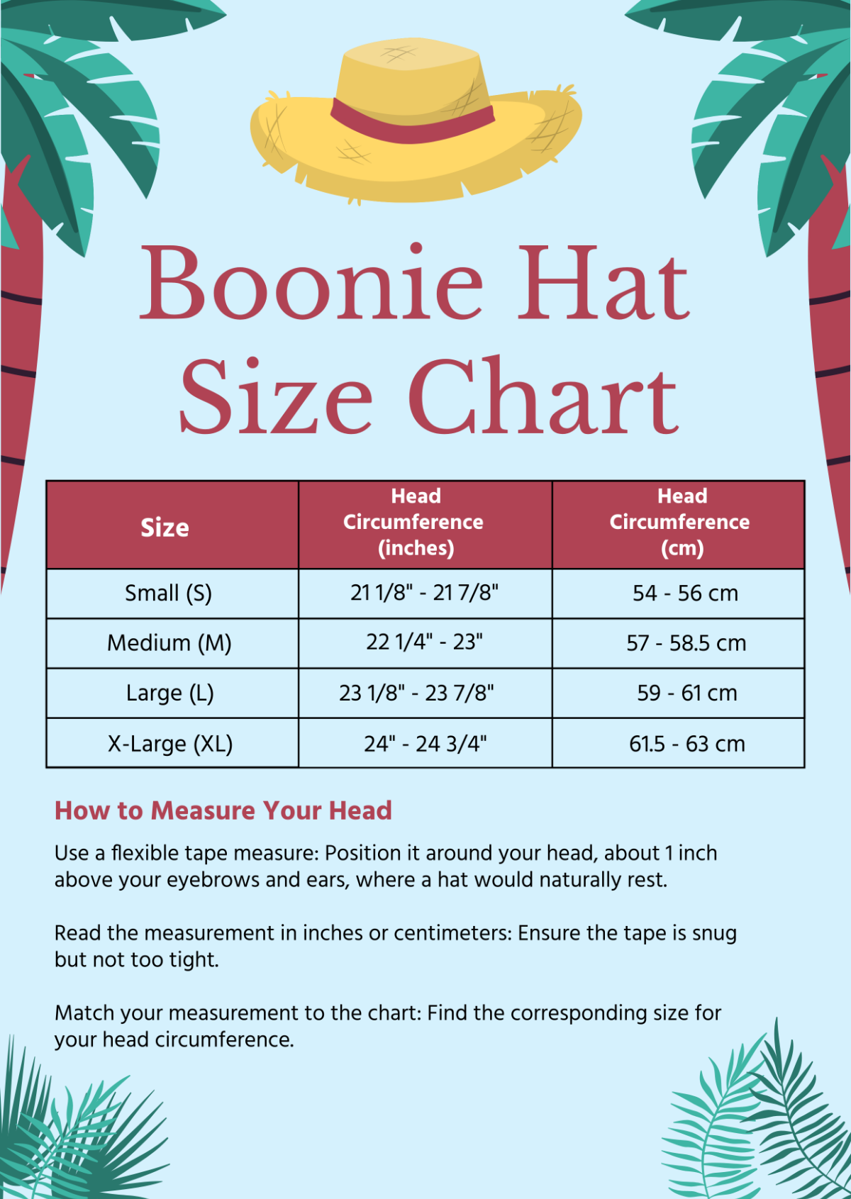 Boonie Hat Size Chart