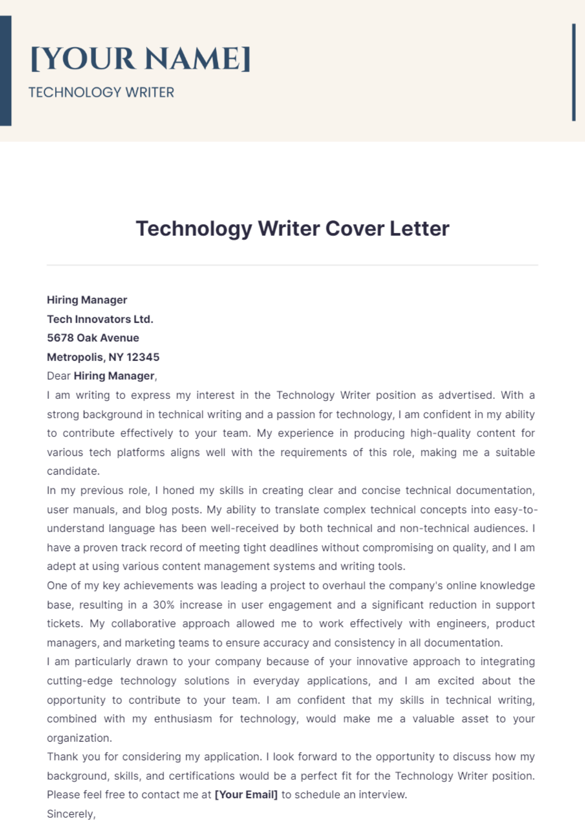 Technology Writer Cover Letter - Edit Online & Download