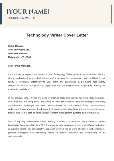 Free Technology Writer Cover Letter to Edit Online