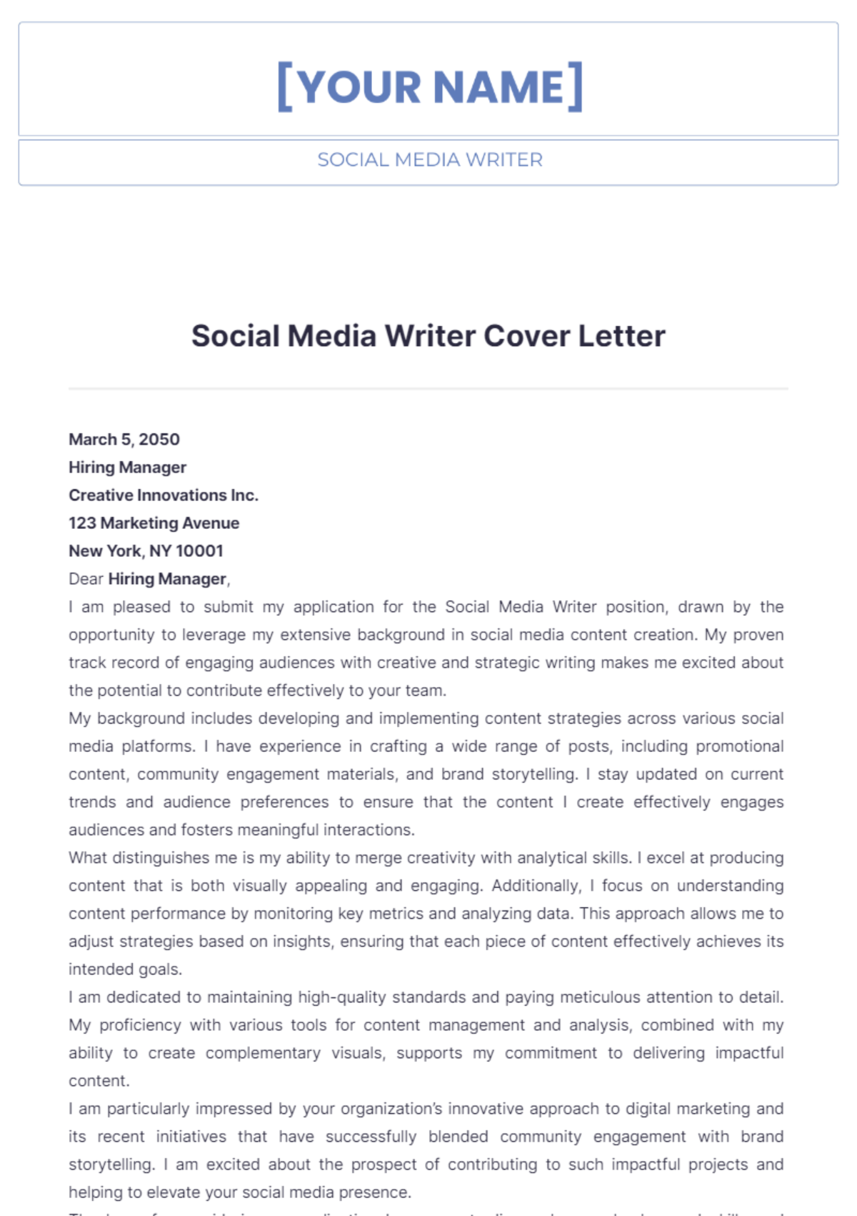 Social Media Writer Cover Letter - Edit Online & Download