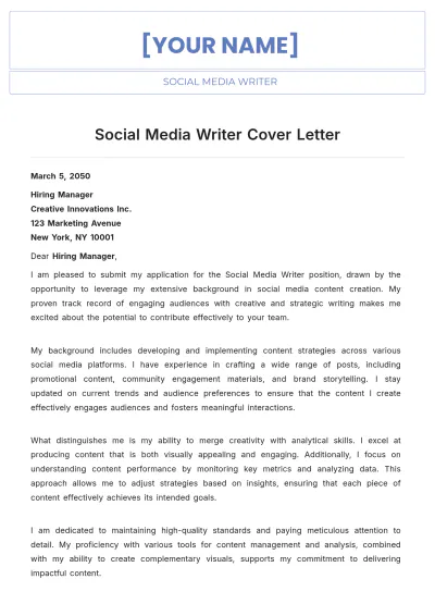 Free Social Media Writer Cover Letter to Edit Online