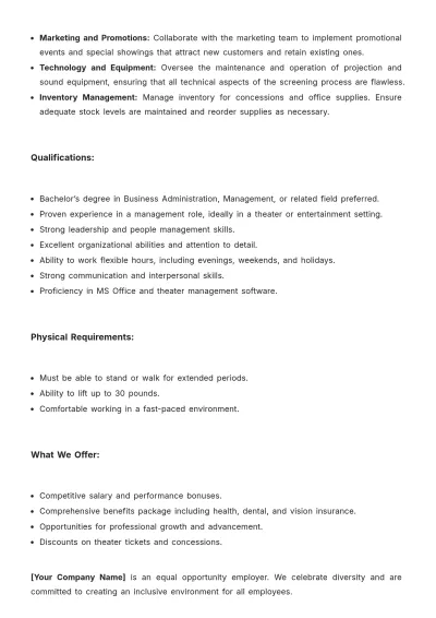 Free Movie Theater Job Description Template to Edit Online
