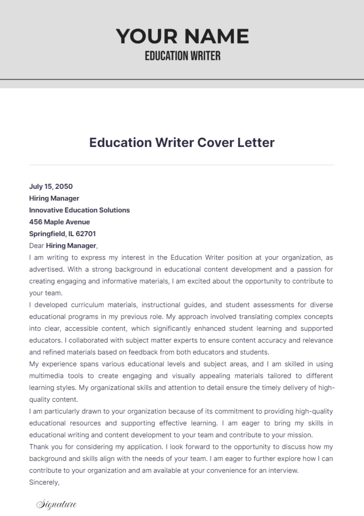 Education Writer Cover Letter - Edit Online & Download