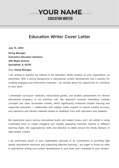Free Education Writer Cover Letter to Edit Online