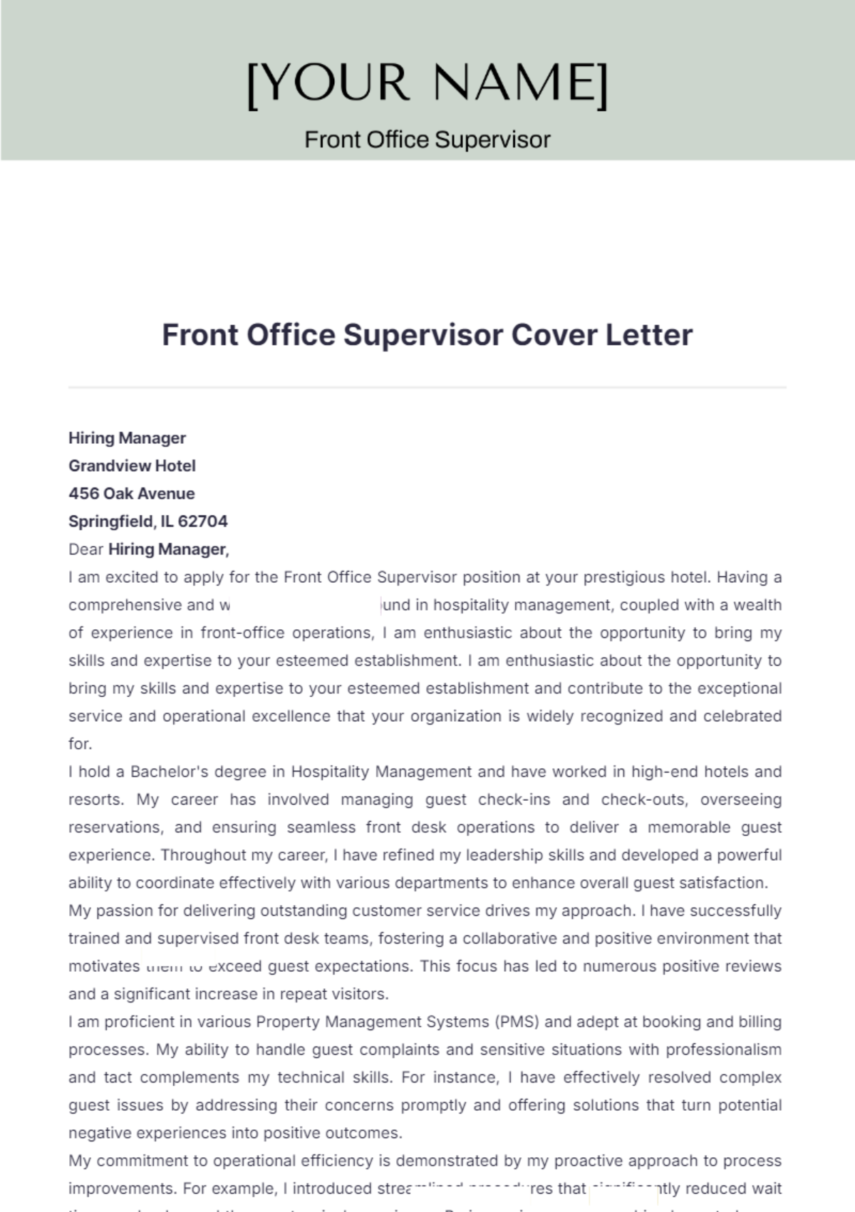 Front Office Supervisor Cover Letter - Edit Online & Download