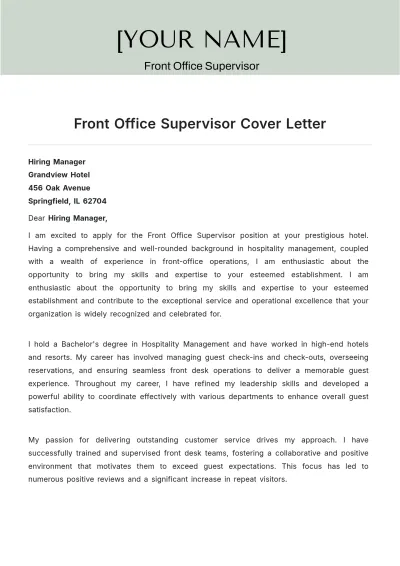 Free Front Office Supervisor Cover Letter to Edit Online