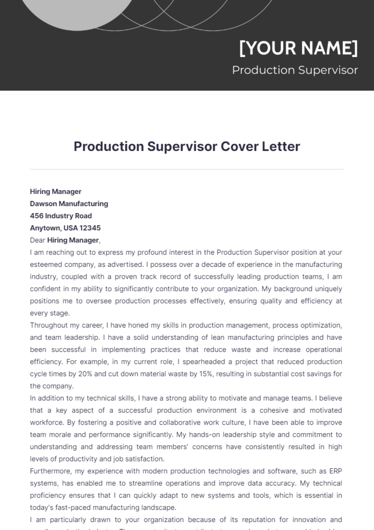 Production Supervisor Cover Letter - Edit Online & Download