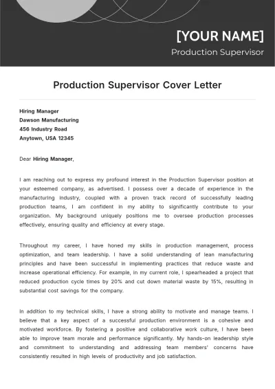 Free Production Supervisor Cover Letter to Edit Online