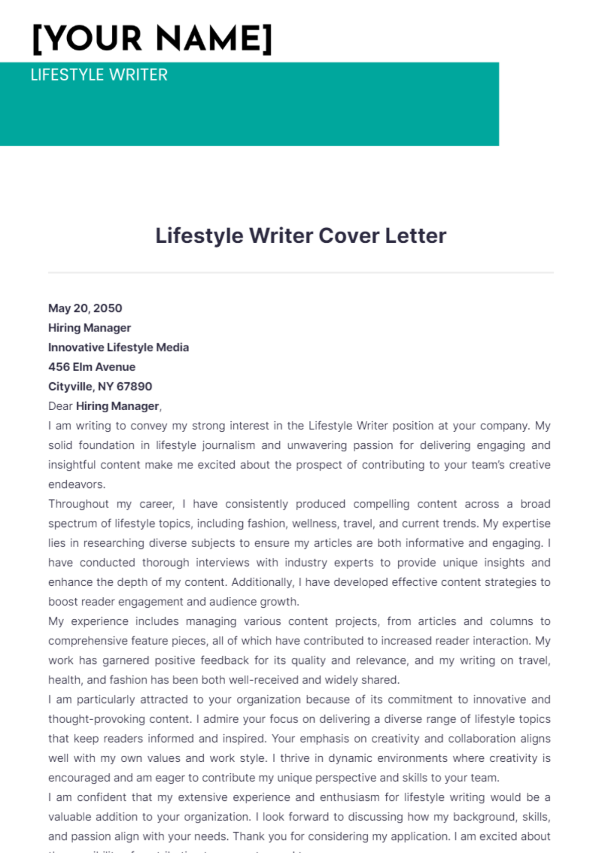 Lifestyle Writer Cover Letter - Edit Online & Download