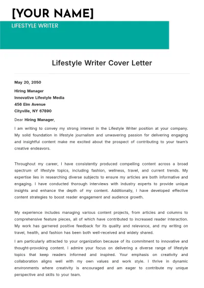 Free Lifestyle Writer Cover Letter to Edit Online