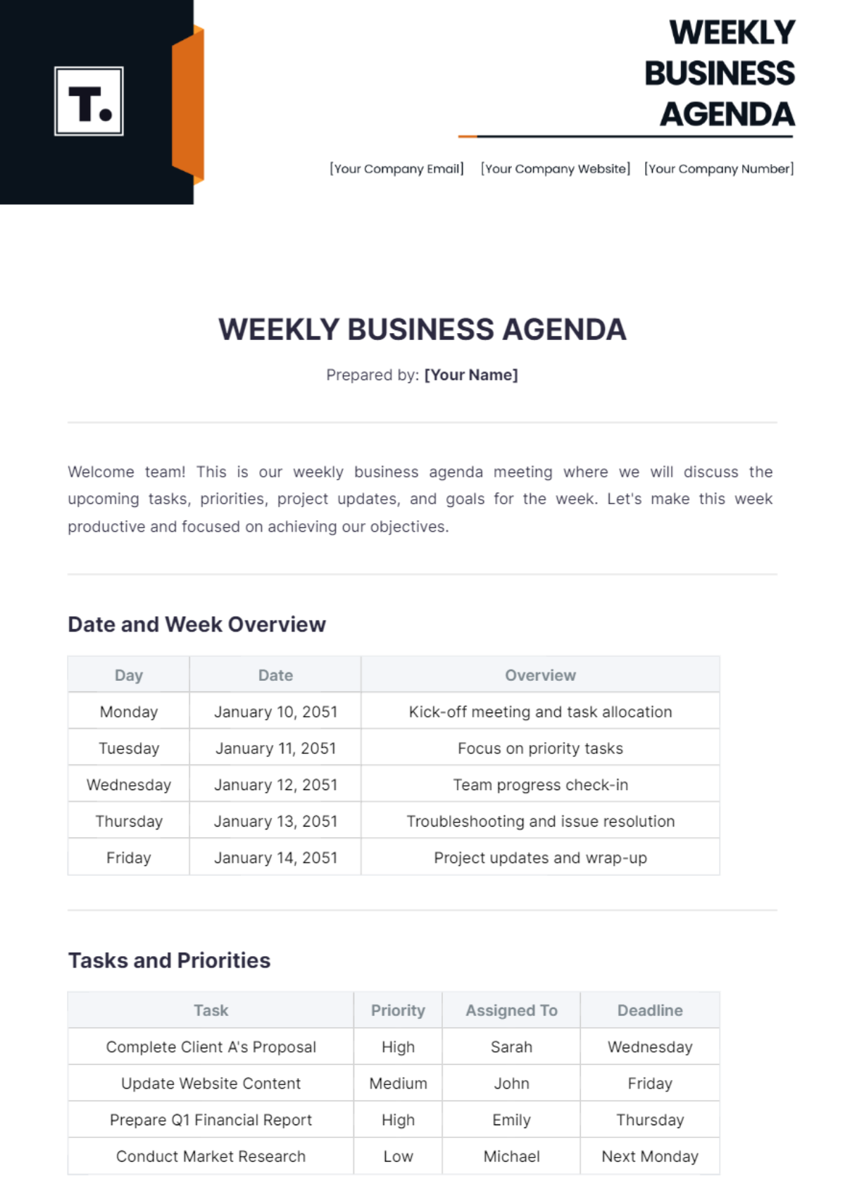 Weekly Business Agenda Template - Edit Online & Download