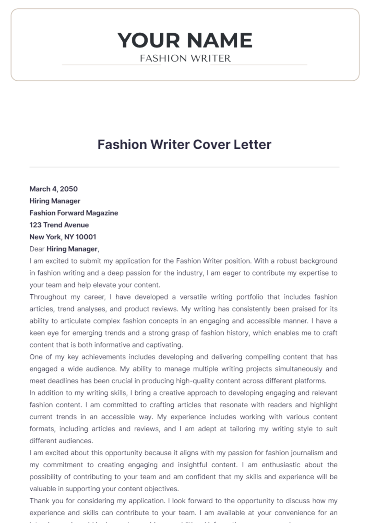 Fashion Writer Cover Letter - Edit Online & Download