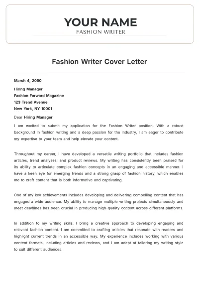 Free Fashion Writer Cover Letter to Edit Online