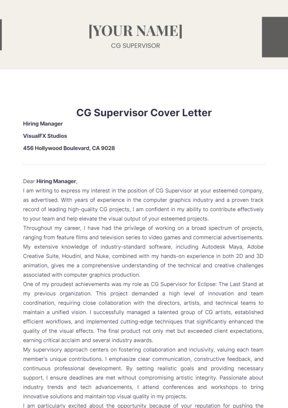 CG Supervisor Cover Letter - Edit Online & Download