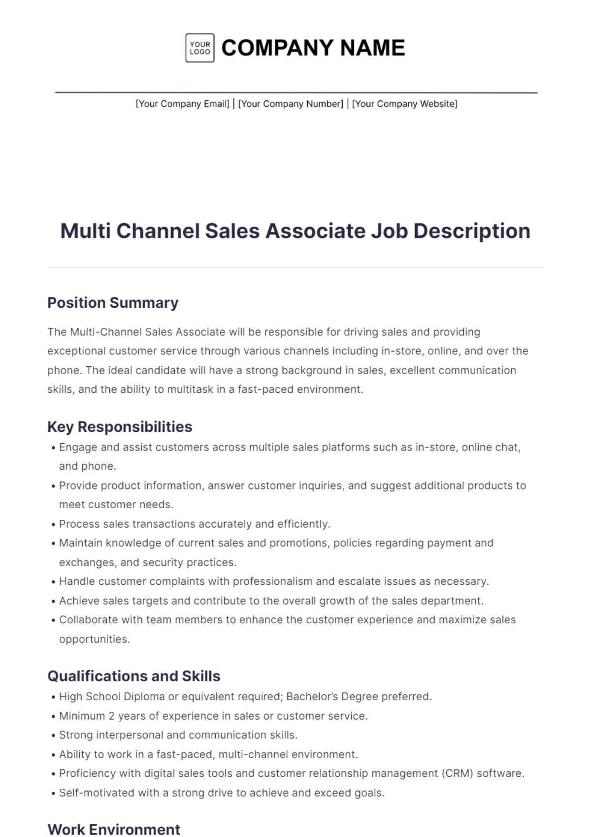 Multi Channel Sales Associate Job Description - Edit Online & Download