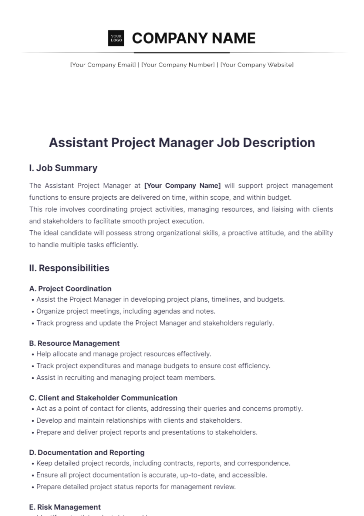 Assistant Project Manager Job Description