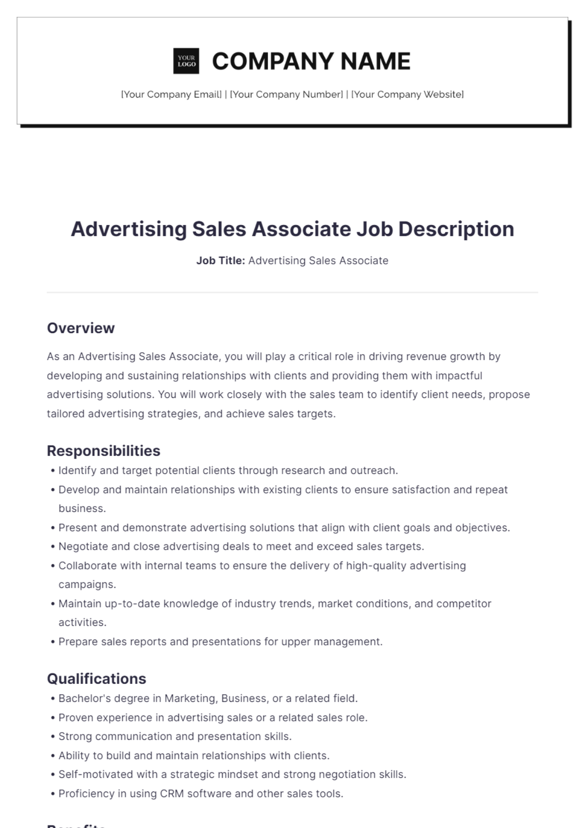 Advertising Sales Associate Job Description - Edit Online & Download