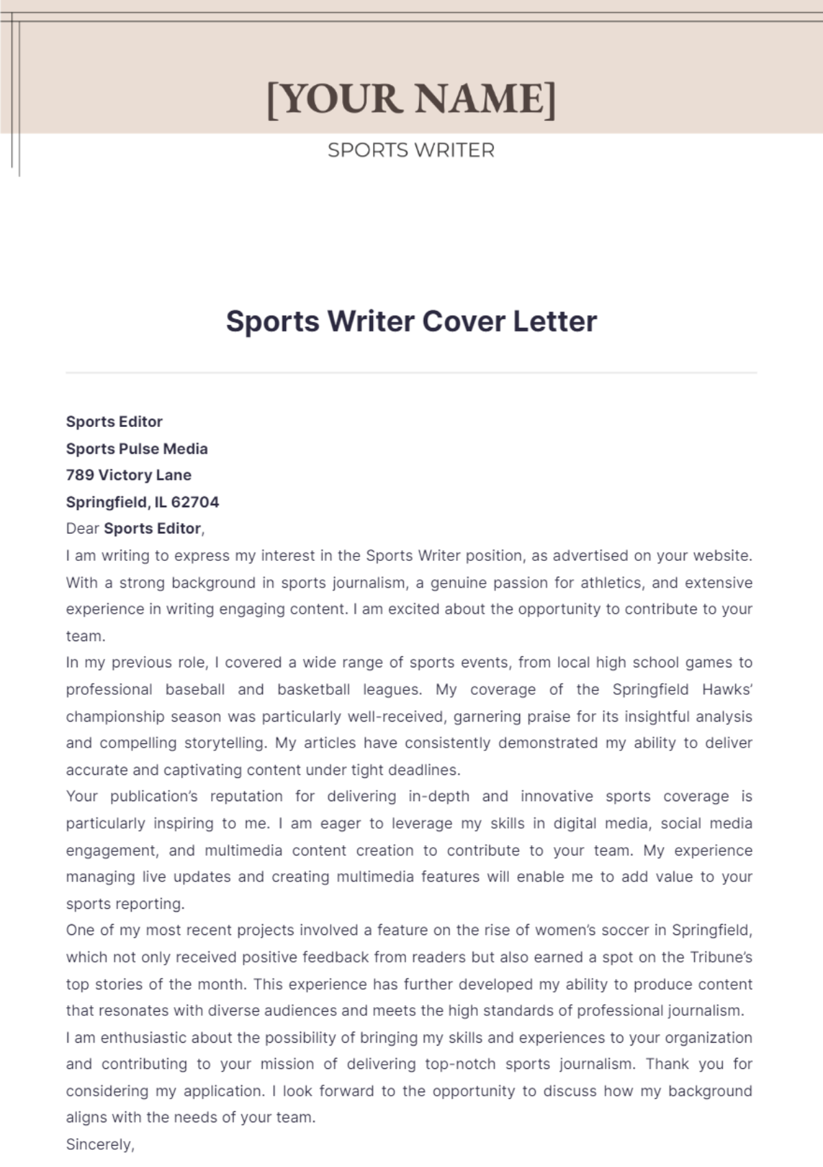 Sports Writer Cover Letter - Edit Online & Download