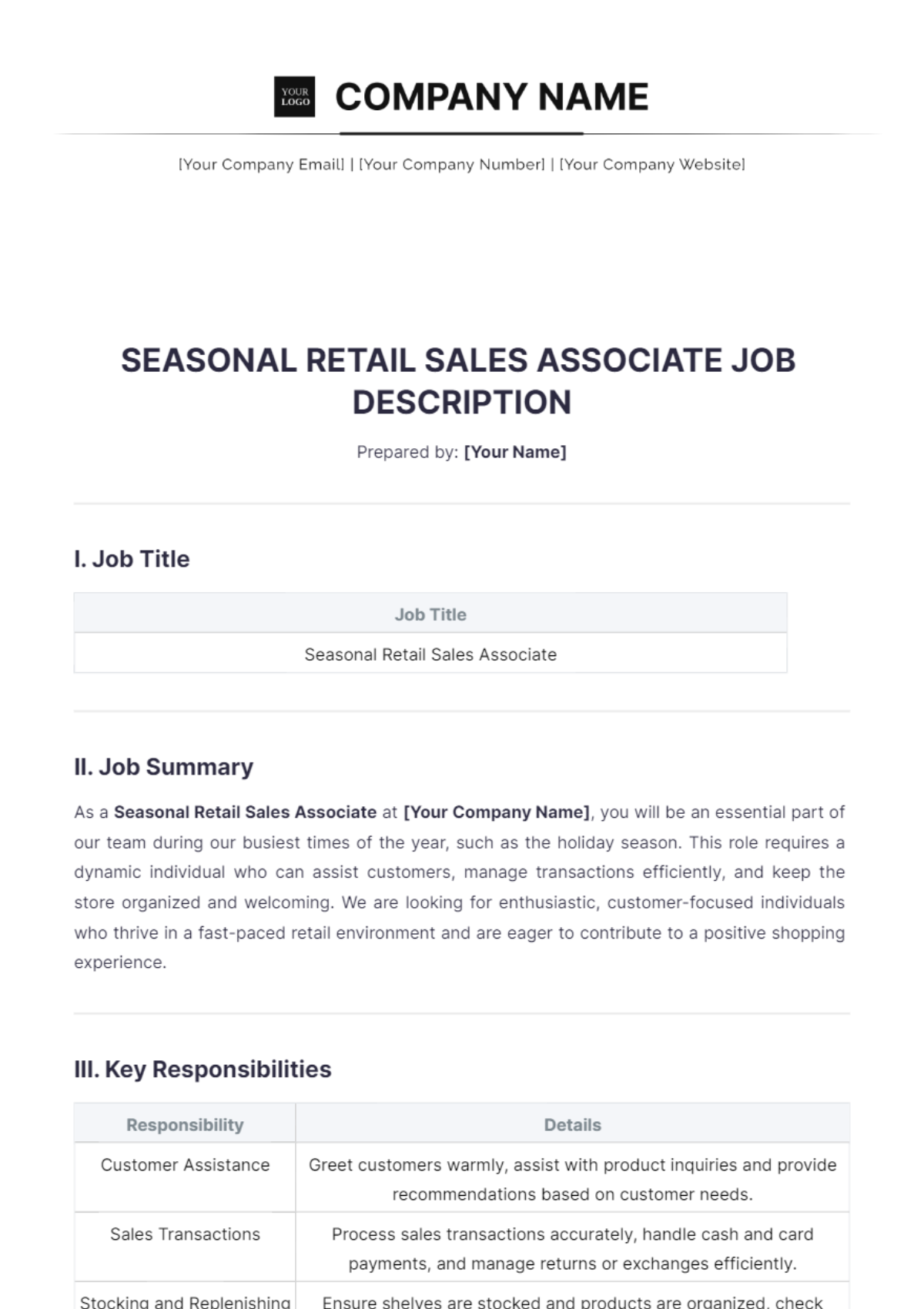 Seasonal Retail Sales Associate Job Description