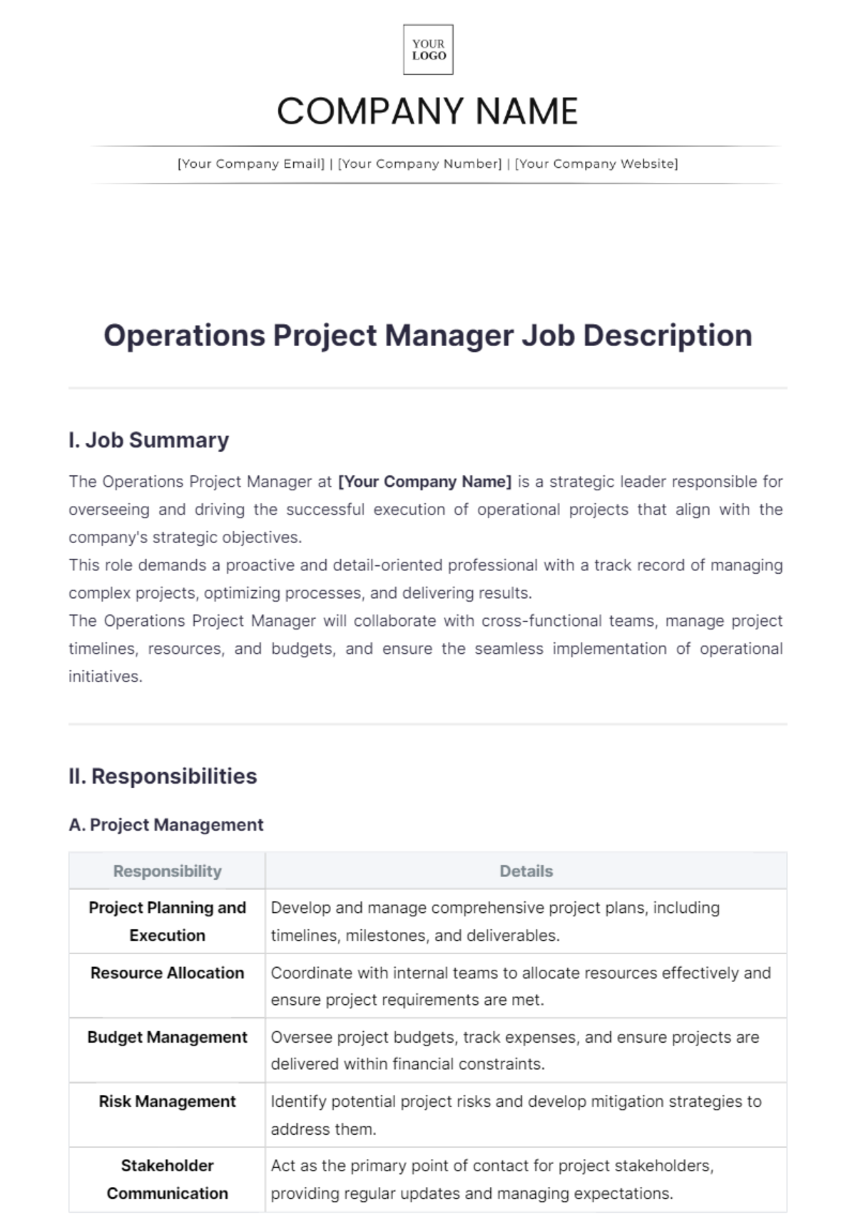 Operations Project Manager Job Description