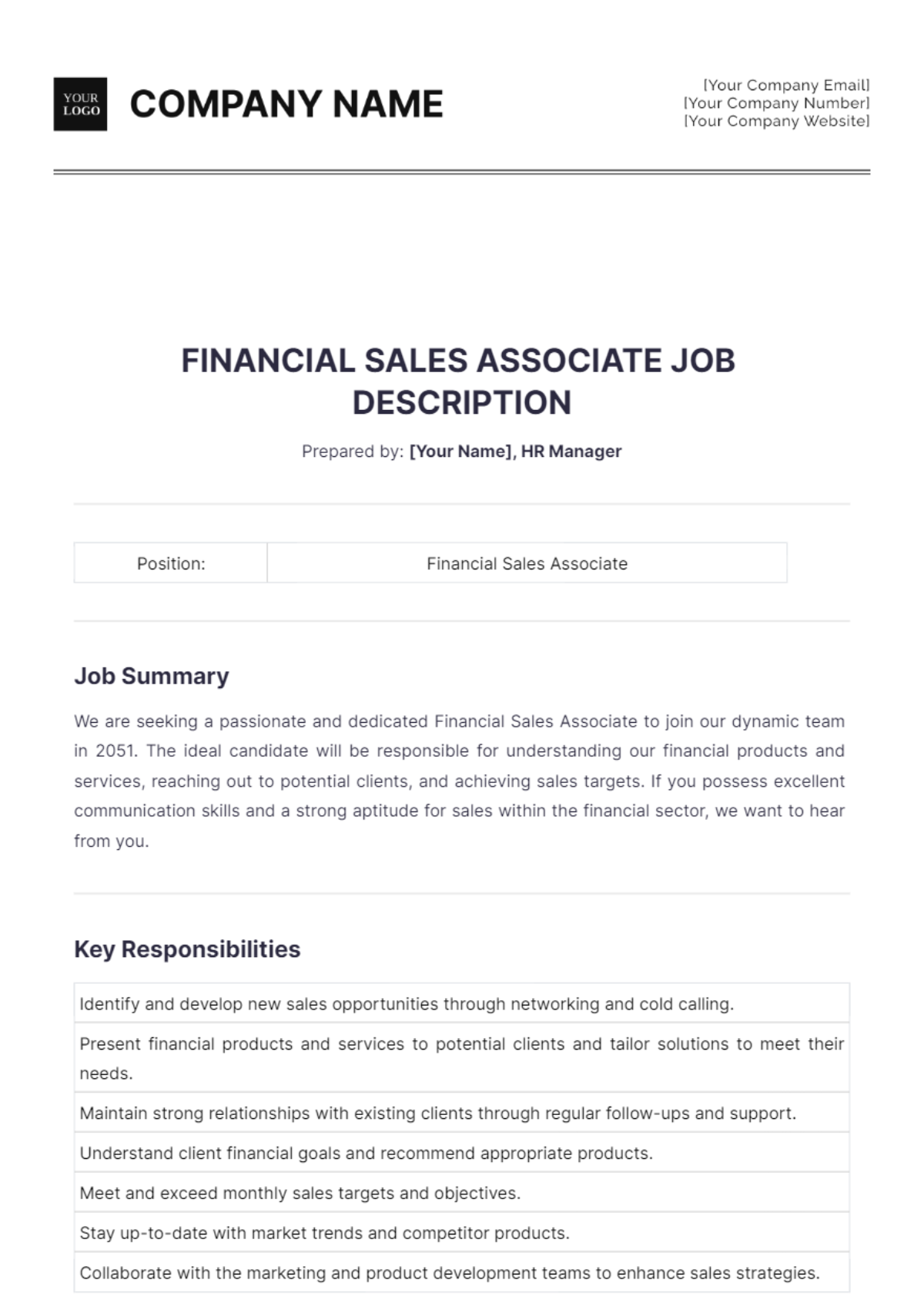 Financial Sales Associate Job Description