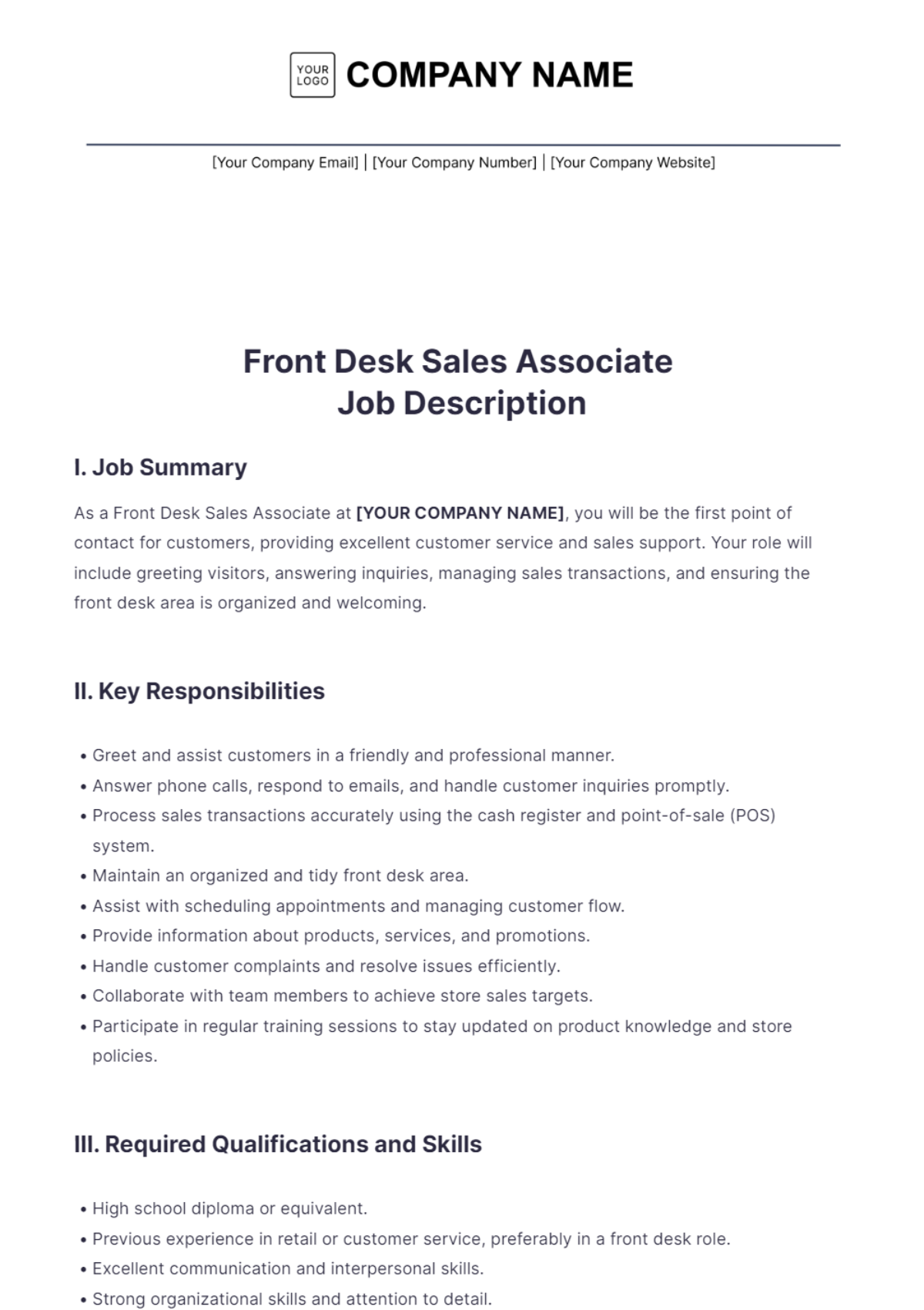 Front Desk Sales Associate Job Description