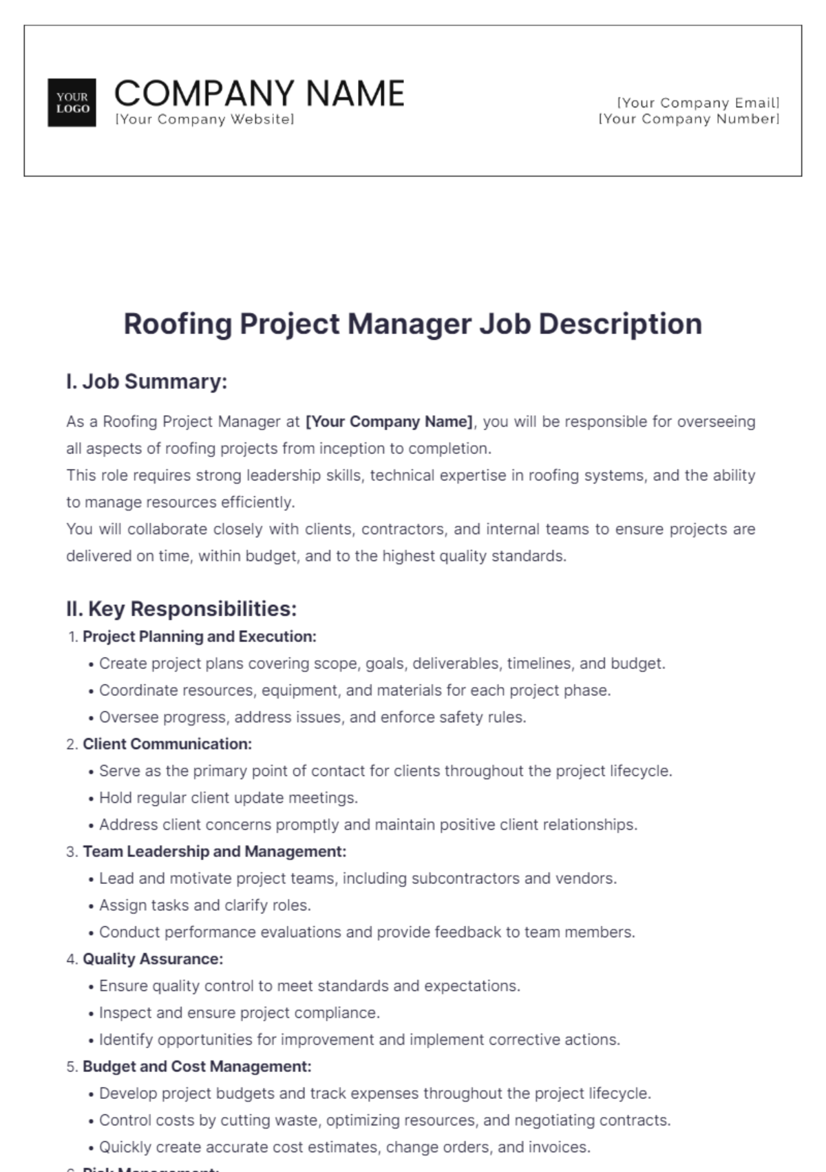 Roofing Project Manager Job Description