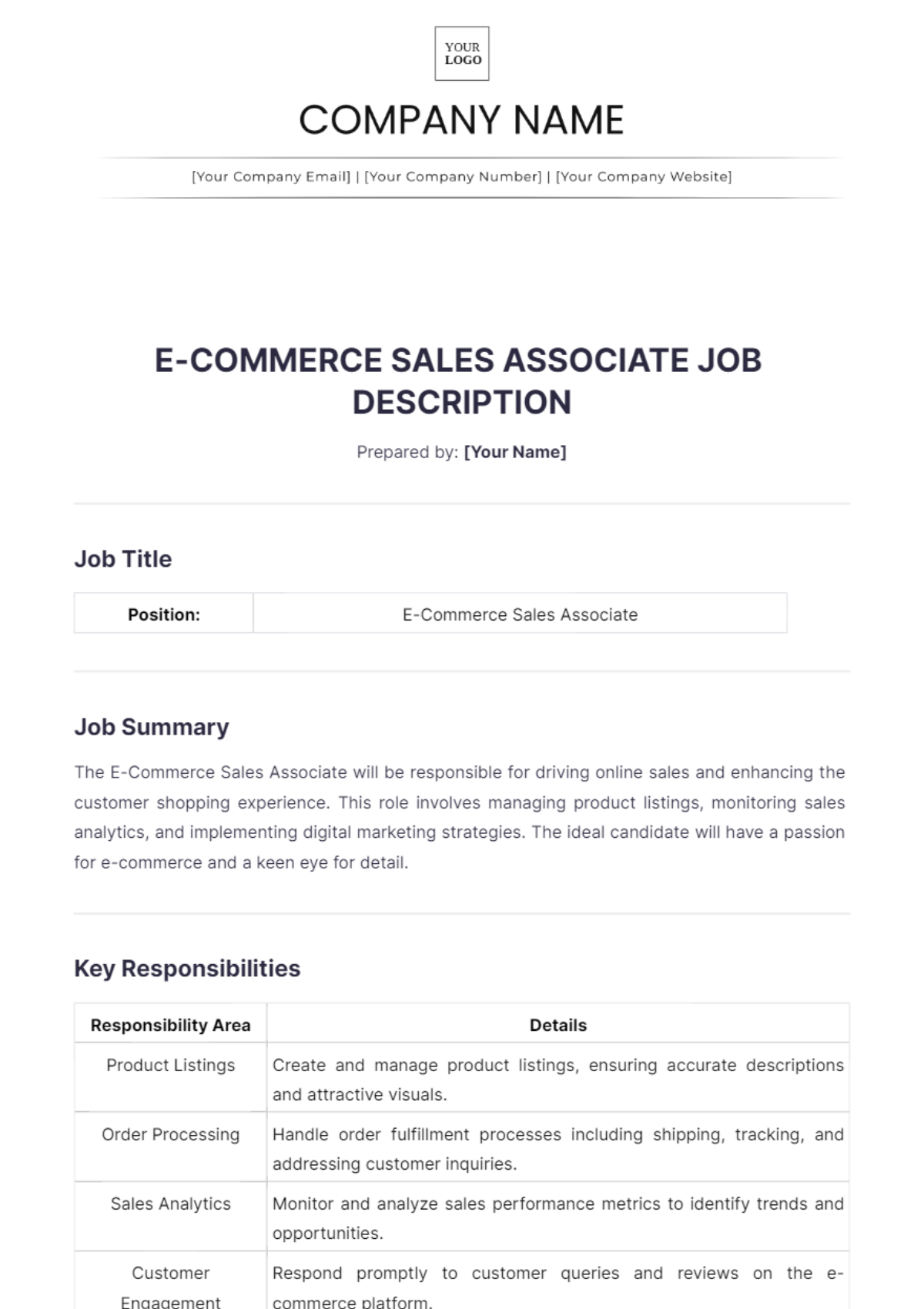 E Commerce Sales Associate Job Description