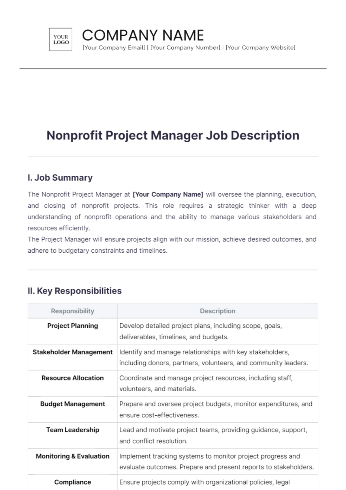 Nonprofit Project Manager Job Description