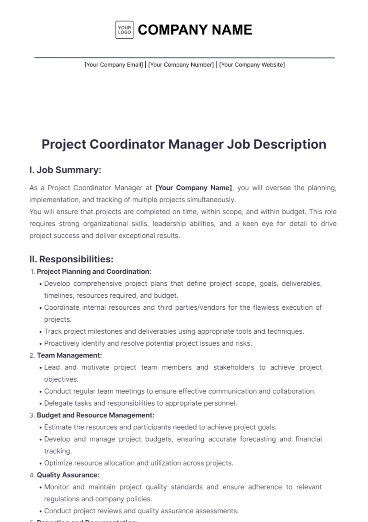 Project Coordinator Manager Job Description