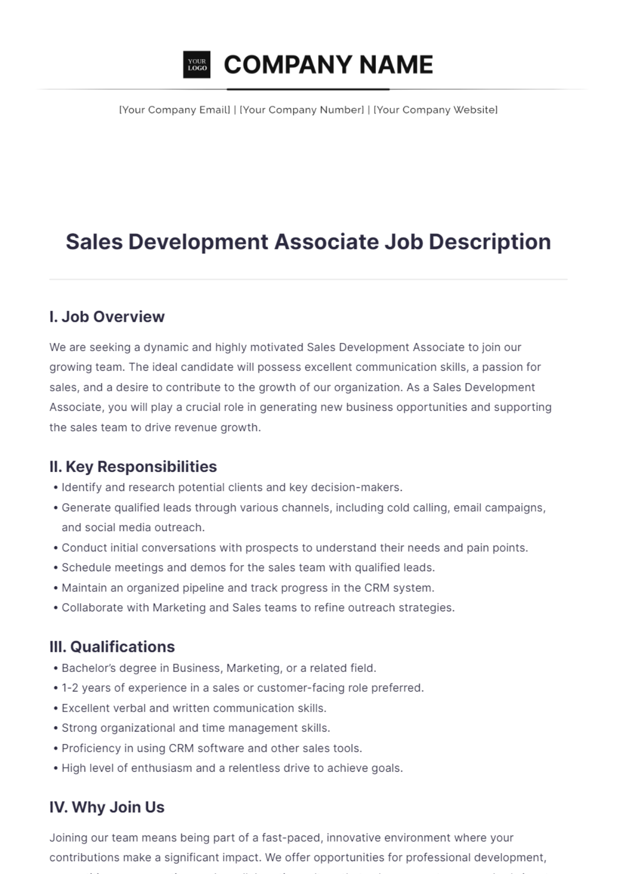 Sales Development Associate Job Description - Edit Online & Download