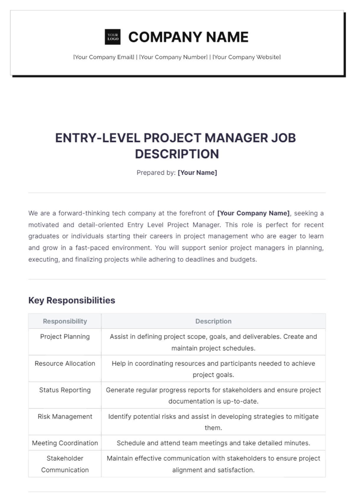 Entry Level Project Manager Job Description