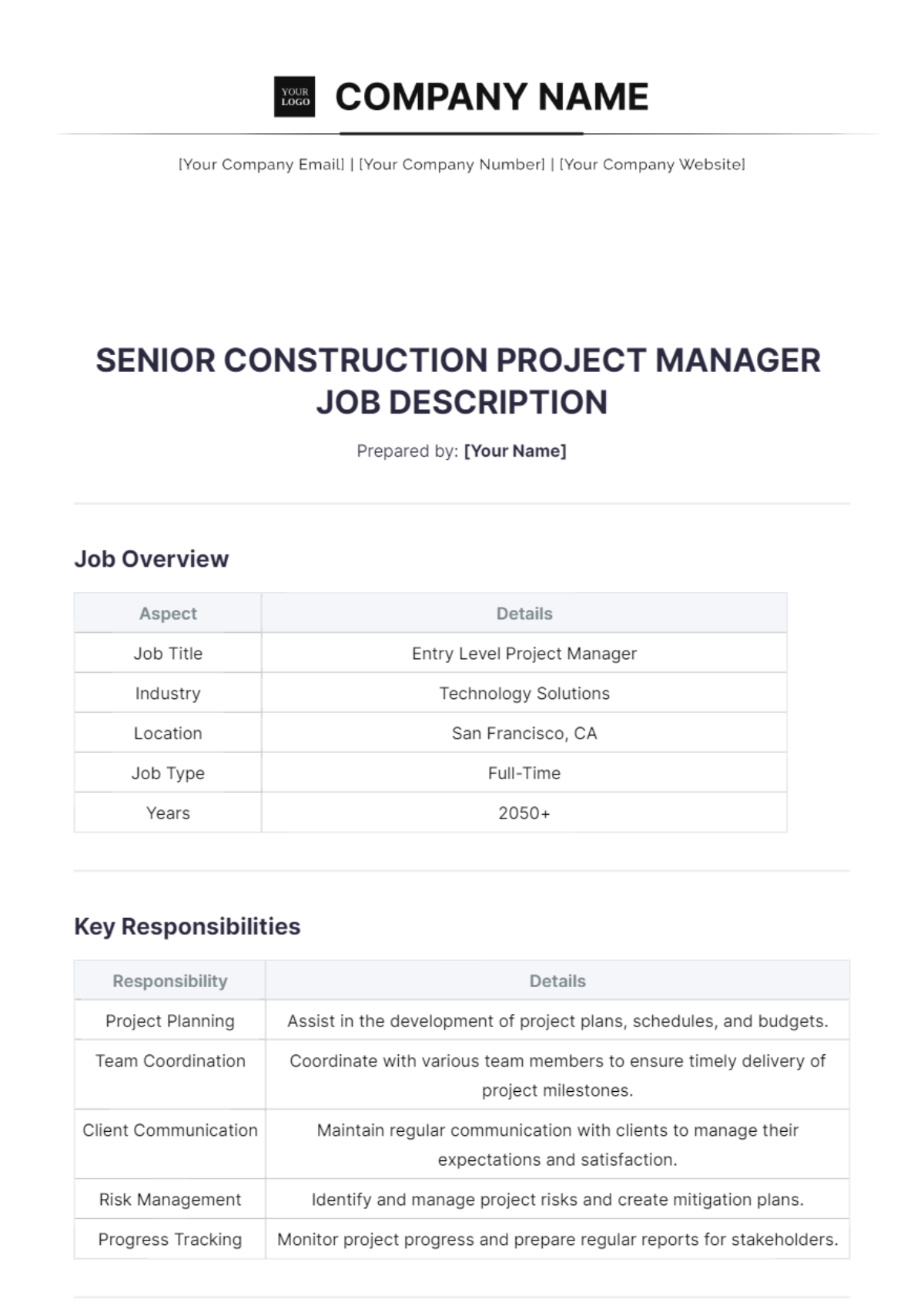 Senior Construction Project Manager Job Description