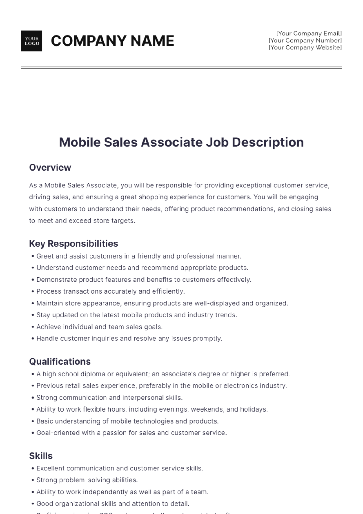 Mobile Sales Associate Job Description - Edit Online & Download