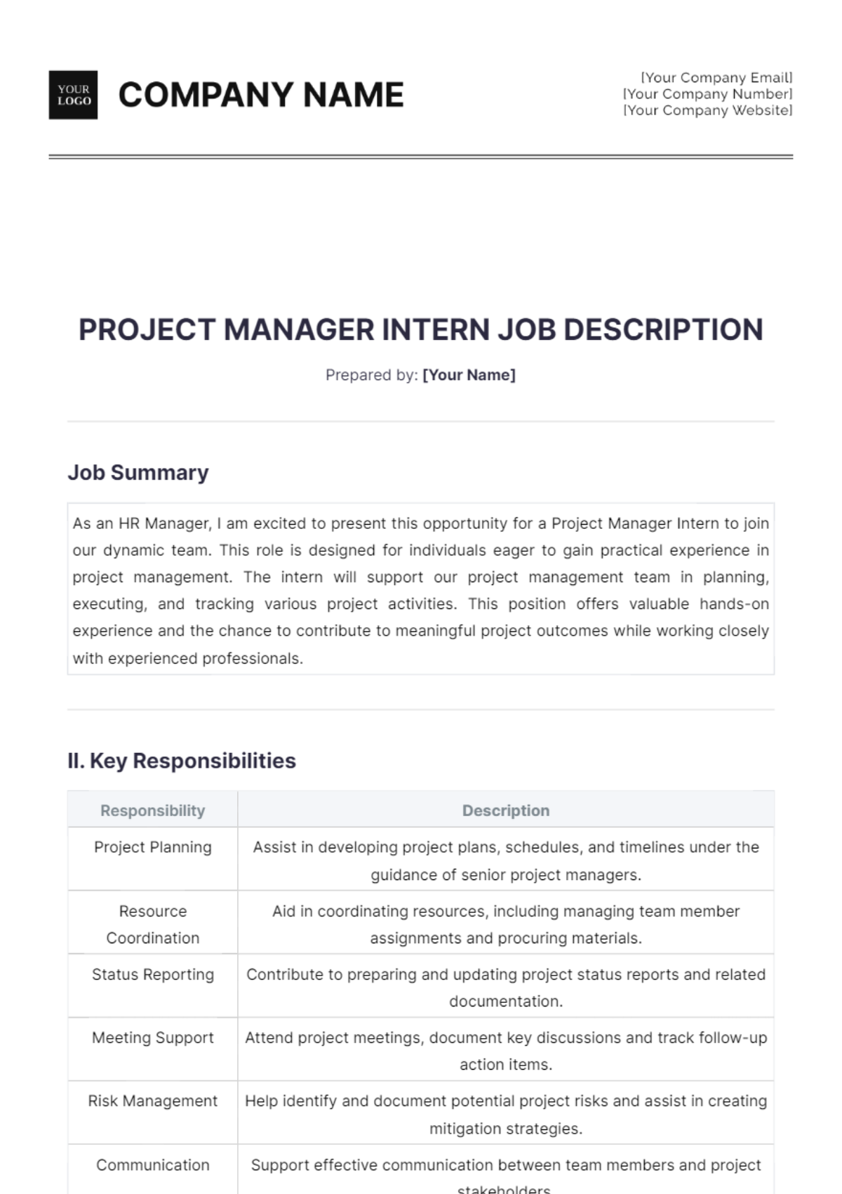 Project Manager Intern Job Description - Edit Online & Download