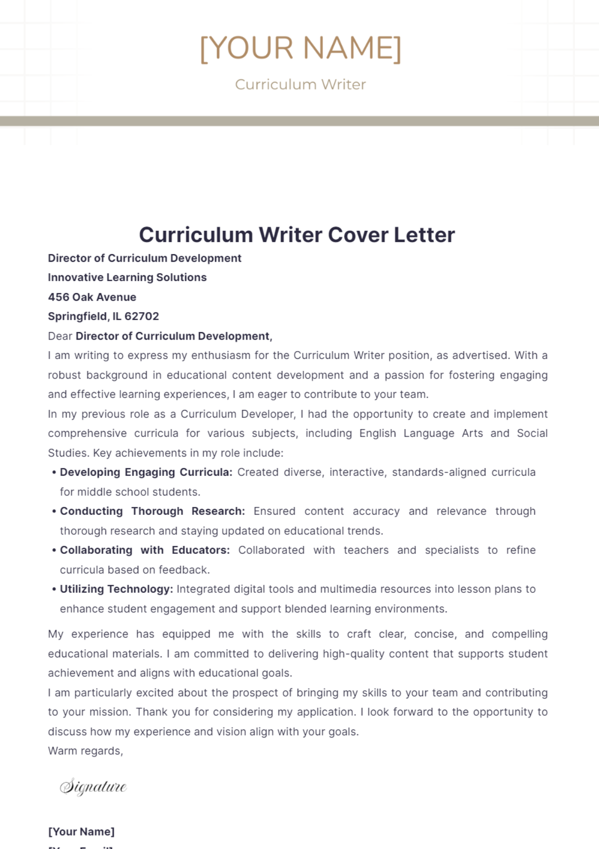 cover letter curriculum writer