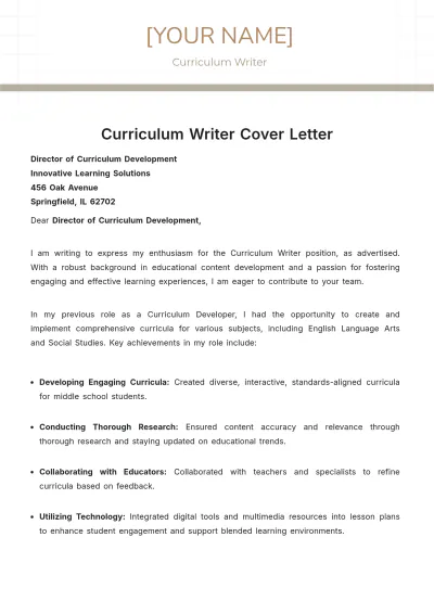 Free Curriculum Writer Cover Letter to Edit Online