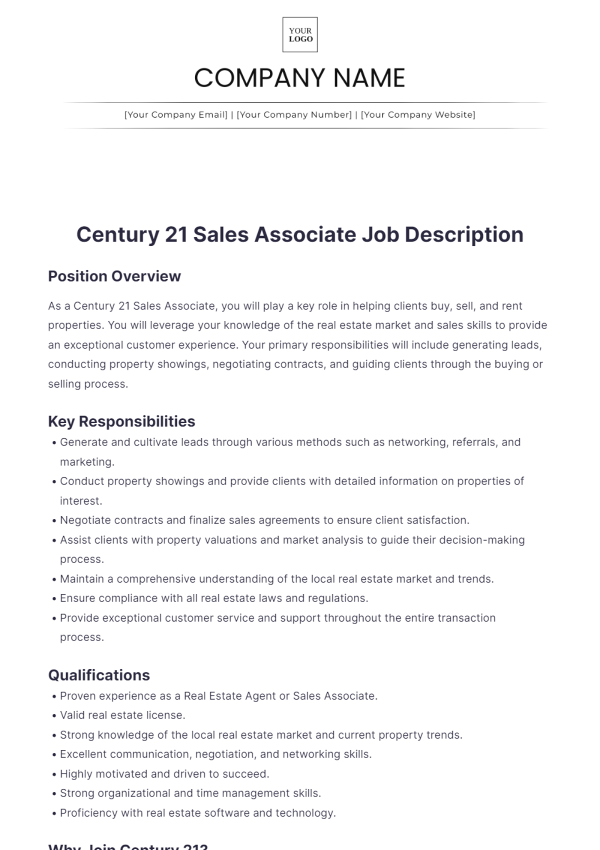 Century 21 Sales Associate Job Description - Edit Online & Download